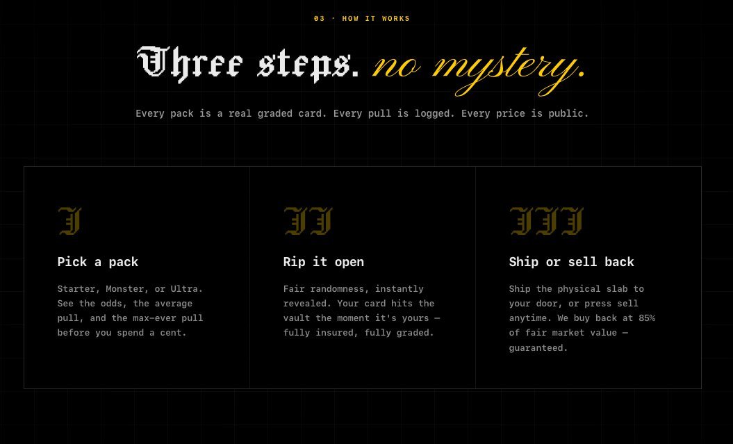 MNSTR explainer graphic showing a three-step process: pick a pack, rip it open, ship or sell back.